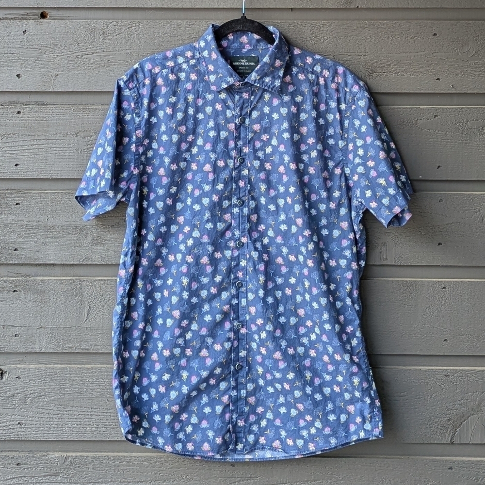 Rodd & Gunn Blue Blooming Floral Short Sleeve Button Front Shirt Albini Size LG